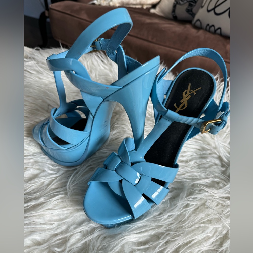 YSL Tribute Sandal, patent blue leather, size 38, excellent condition!